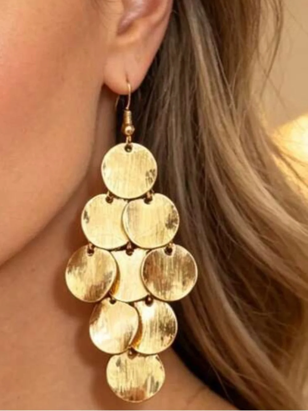 Gold Tone Layered Disc Dangle Earrings